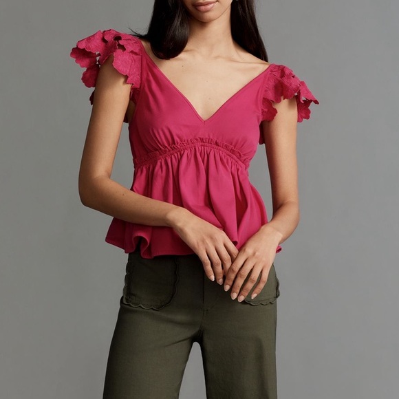 Anthropologie Top Flutter Sleeve V-Neck Babydoll Cotton Pink SIZE XL NEW - Picture 4 of 5